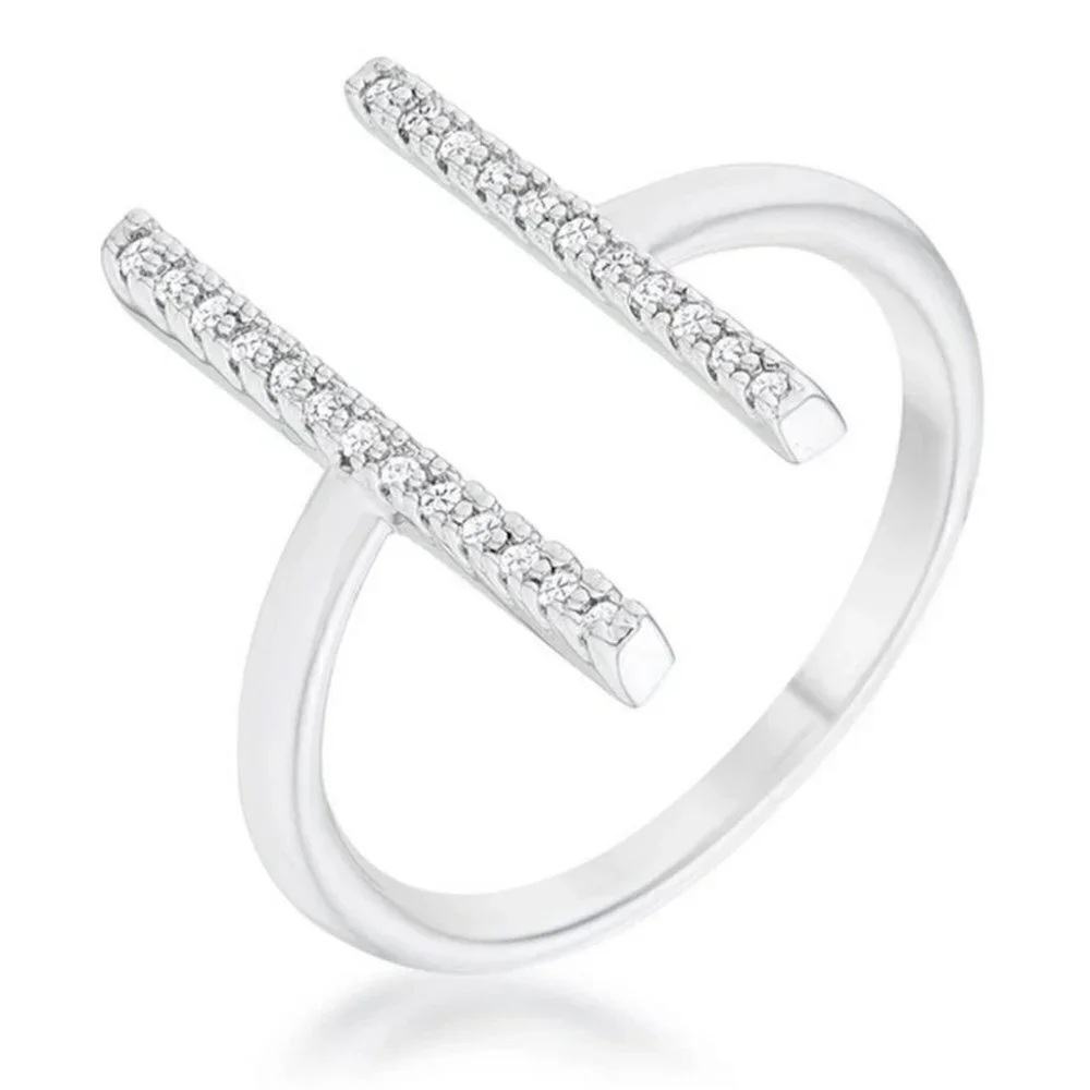 Wide Parallel Lines Open Band Cz Clear Cubic Zirconia Cross Silver Brass Ring 9